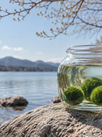 湖畔の石の上にある水を張った瓶の中のマリモ