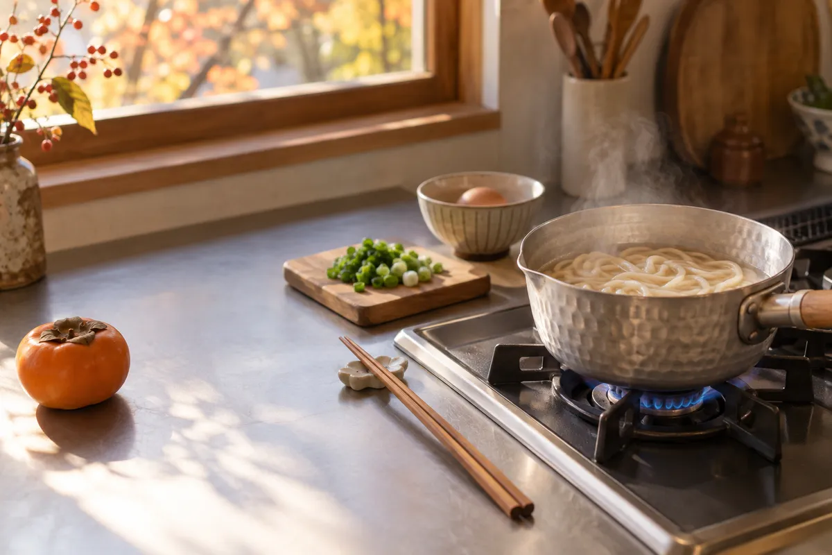 鍋でゆでた麺とねぎ、卵が並ぶ台所