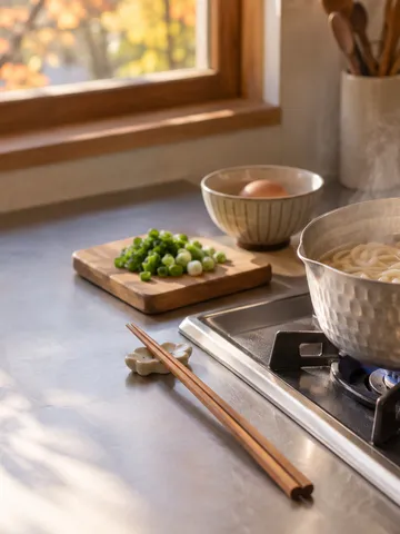 鍋でゆでた麺とねぎ、卵が並ぶ台所