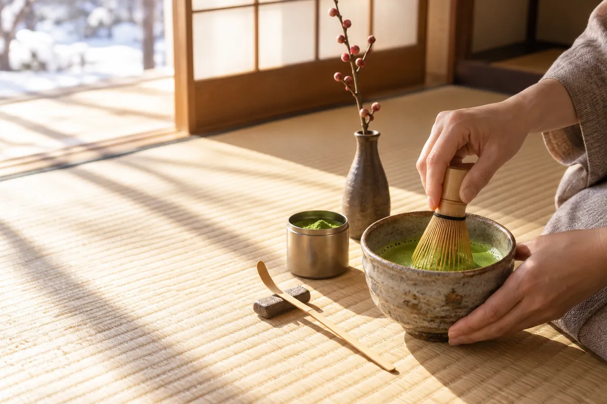 茶室で抹茶を点てる手元と梅のつぼみ