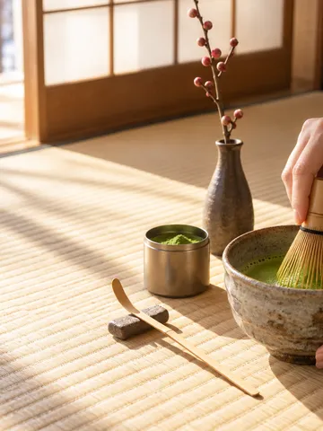 茶室で抹茶を点てる手元と梅のつぼみ