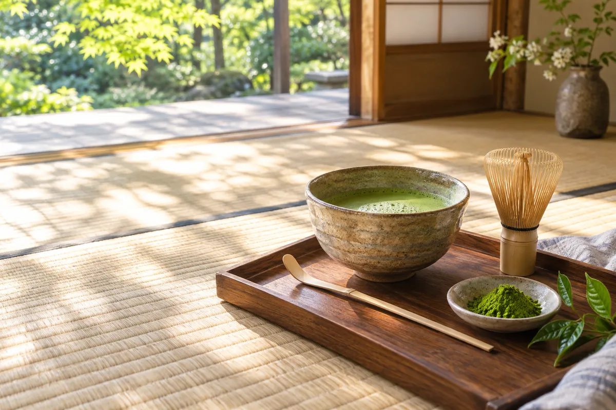 新緑の光の中、畳の部屋に置かれた抹茶と茶筅