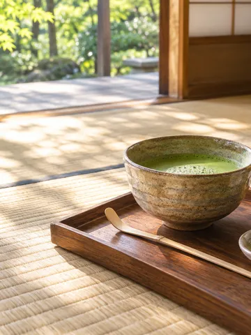 新緑の光の中、畳の部屋に置かれた抹茶と茶筅