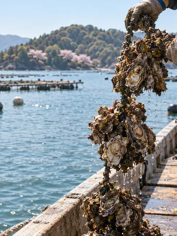 春の湾でいかだから引き上げた牡蠣の養殖ロープ