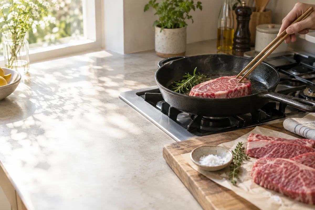 台所の鉄のフライパンと霜降り牛肉のスライス