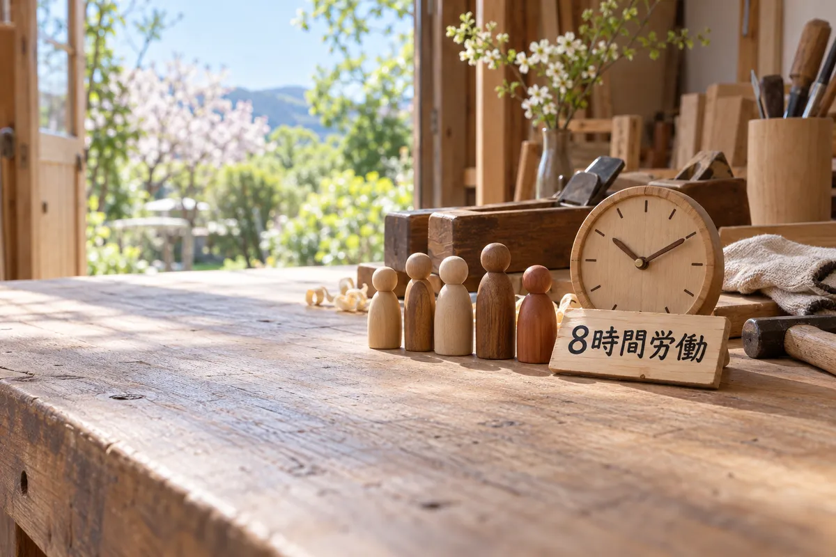 作業台に並ぶ木の人形と「8時間労働」の木札