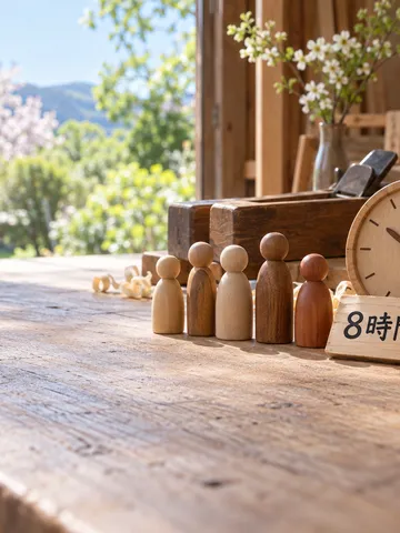 作業台に並ぶ木の人形と「8時間労働」の木札