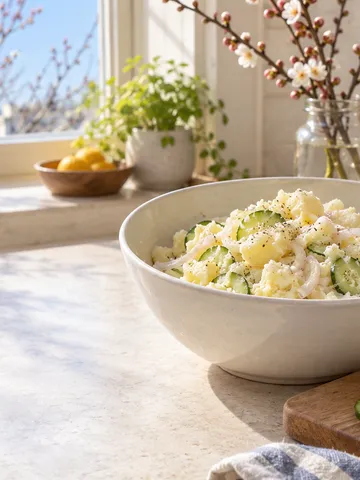 台所のカウンターに置かれたポテトサラダの器