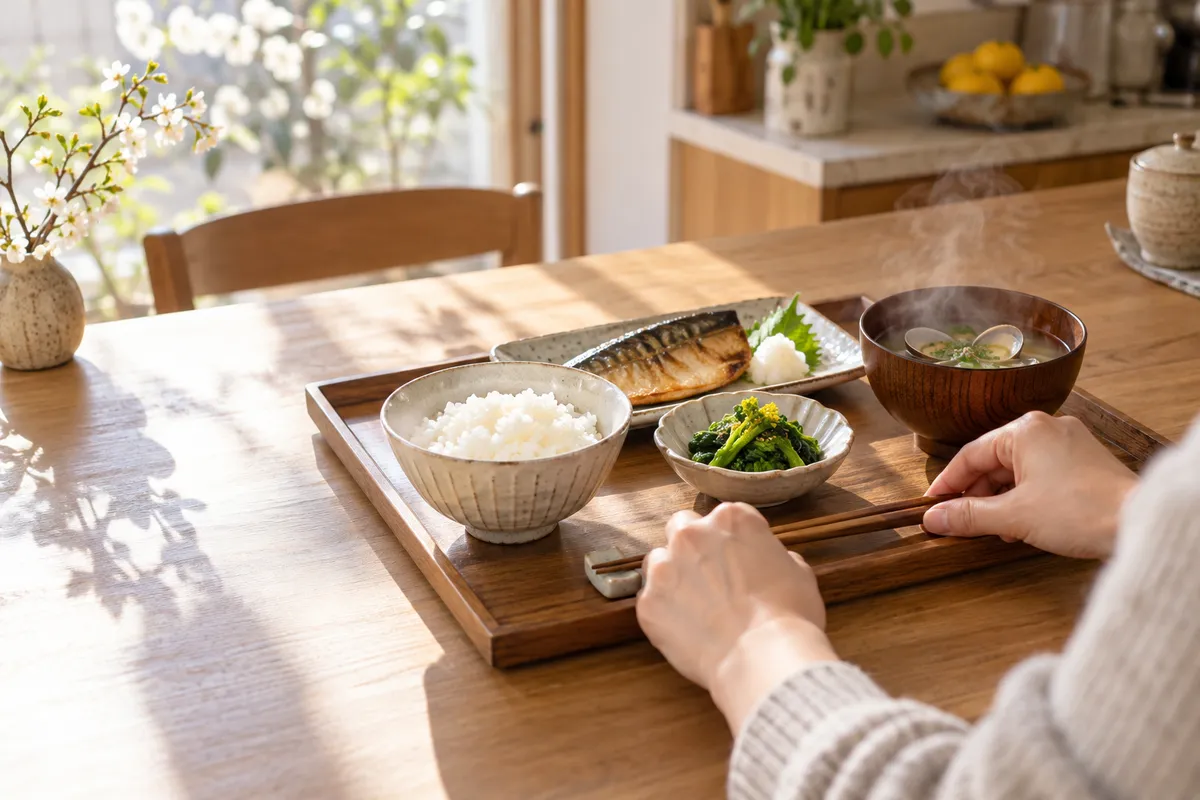 菜の花や焼き魚が並ぶ、昼の台所の食事のお盆