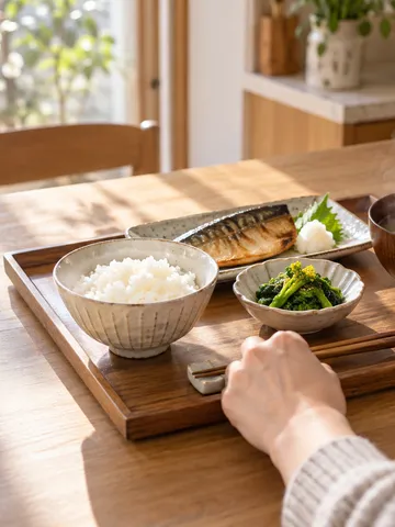 菜の花や焼き魚が並ぶ、昼の台所の食事のお盆