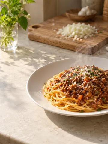 台所に置かれたミートソーススパゲッティと鍋