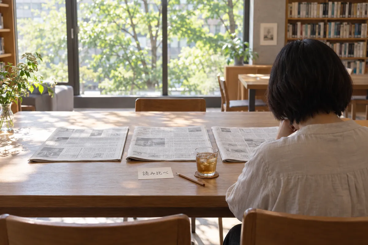 図書館の机に並ぶ3紙と「読み比べ」の札