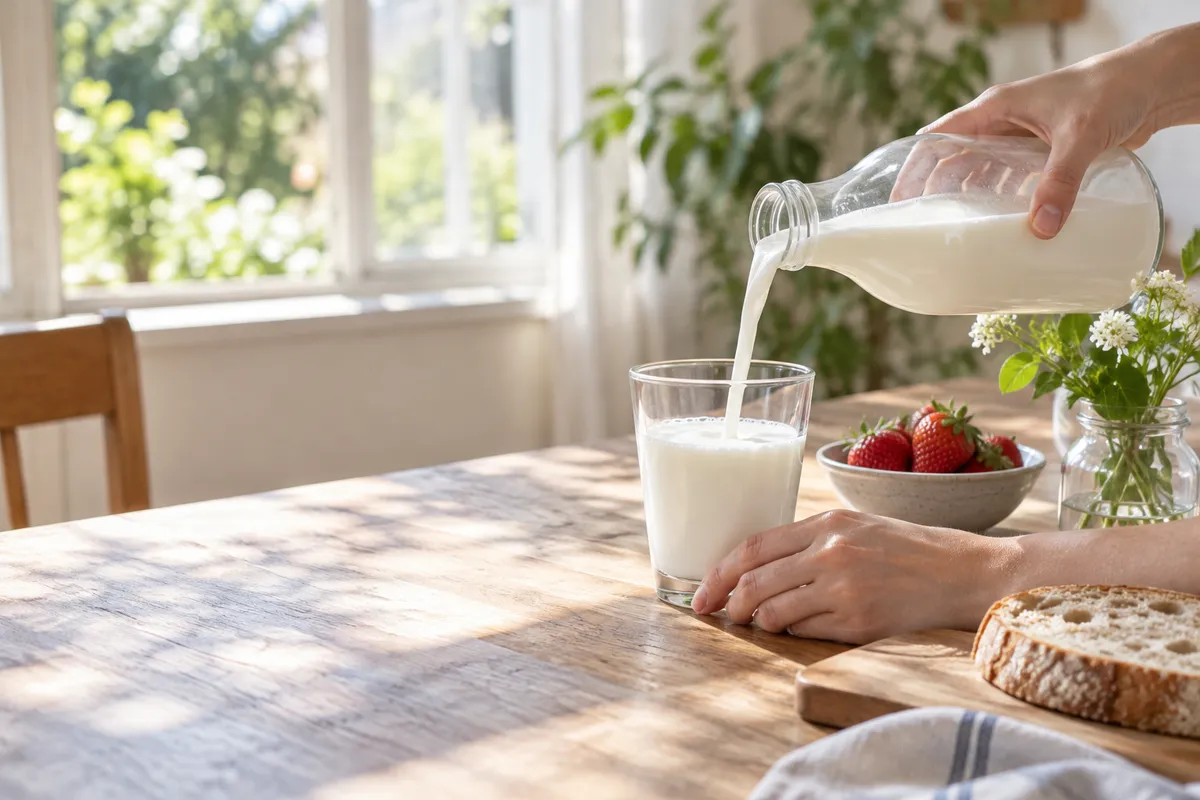 台所でグラスに注がれる牛乳と春の朝食の静物