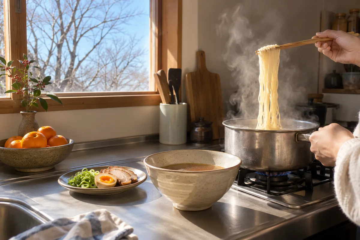 台所で麺をゆでる手元と、具をのせる前のラーメン丼