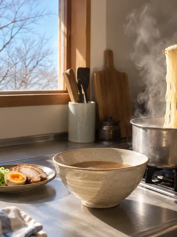台所で麺をゆでる手元と、具をのせる前のラーメン丼