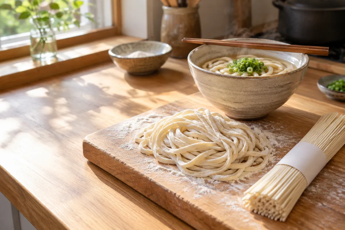 台所の台に並ぶ生めんと乾めん、湯気の立つ器