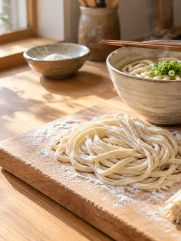 台所の台に並ぶ生めんと乾めん、湯気の立つ器