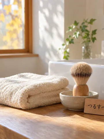 洗面台の木札「つるすべ」とタオル、シェービングブラシ