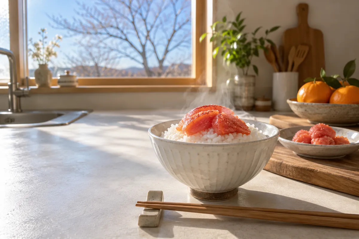 湯気の立つご飯にのせた明太子とみかん