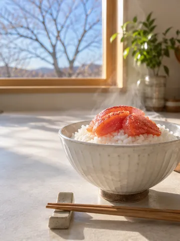 湯気の立つご飯にのせた明太子とみかん