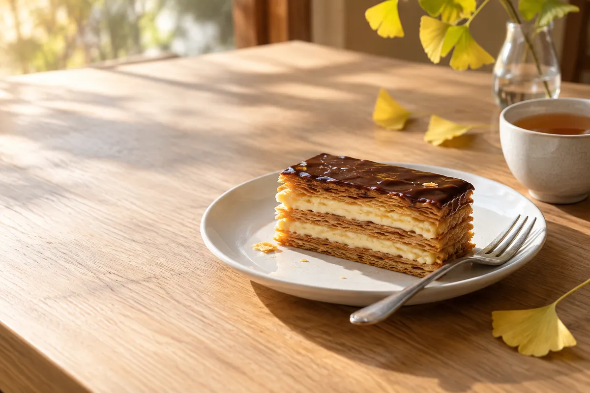 断面のきれいなミルフィーユと紅茶、秋の葉
