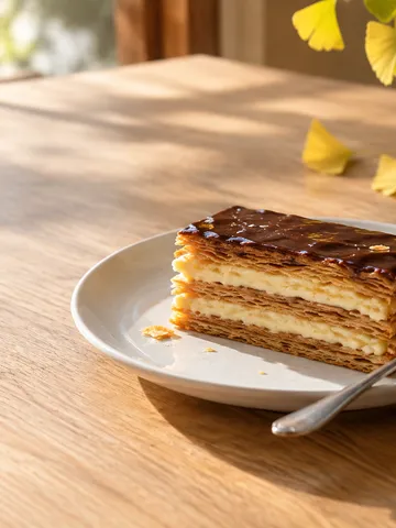 断面のきれいなミルフィーユと紅茶、秋の葉