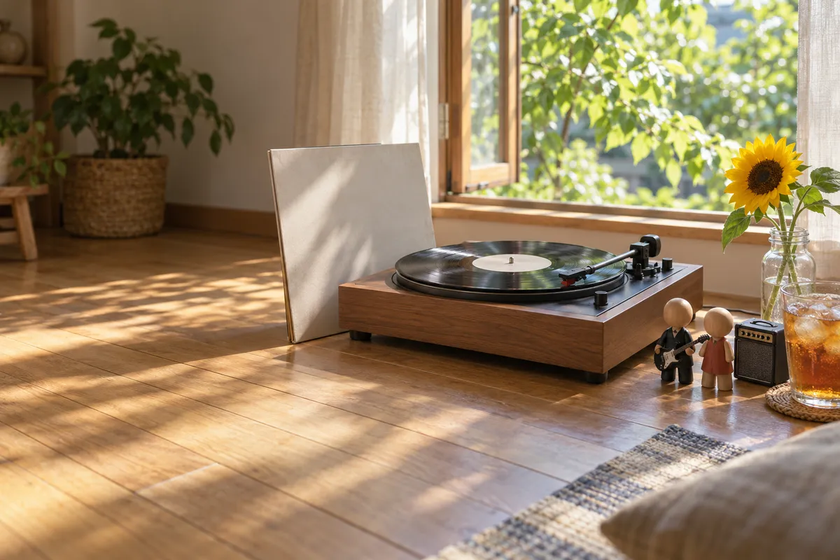 レコードプレーヤーと木の人形、おもちゃのギター