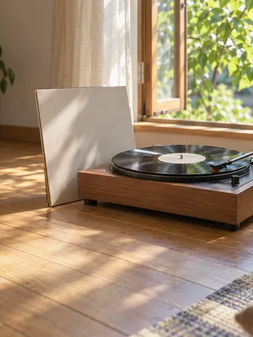 レコードプレーヤーと木の人形、おもちゃのギター