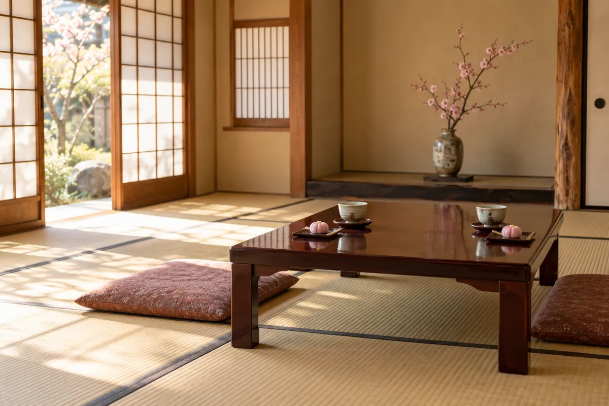 座敷の卓に向かい合って置かれた二つの茶碗と梅の枝