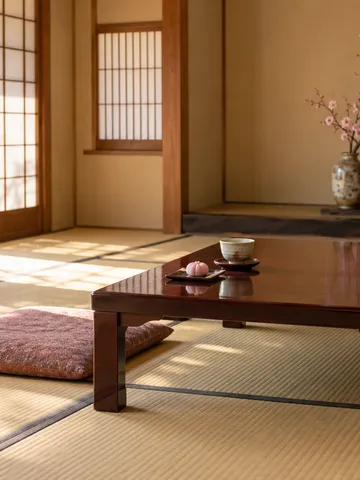 座敷の卓に向かい合って置かれた二つの茶碗と梅の枝