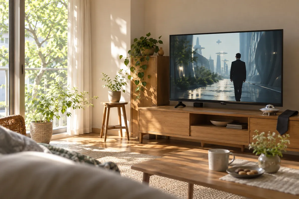スーツ姿の後ろ姿を映すテレビとおもちゃのUFO