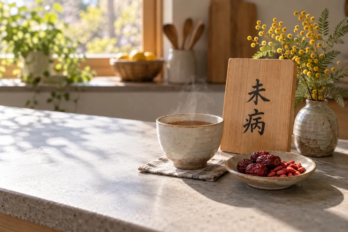 「未病」と書かれた木札と湯気の立つ薬草茶