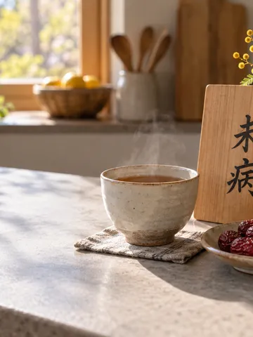「未病」と書かれた木札と湯気の立つ薬草茶