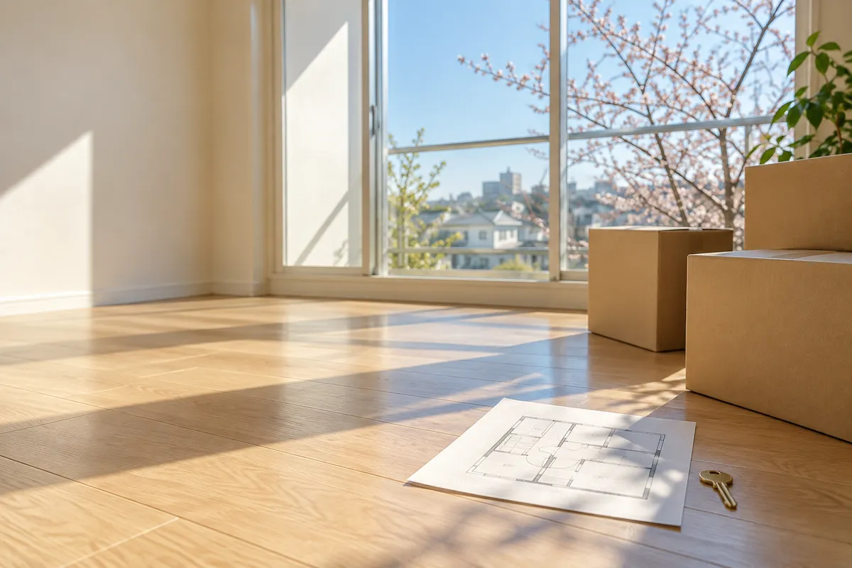 日差しの入る空き部屋に置かれた間取り図と鍵