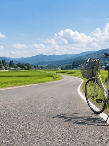 夏の田園を抜ける舗装された一本道