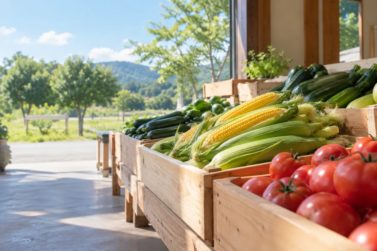 道の駅の売り場に並ぶ夏野菜の木箱