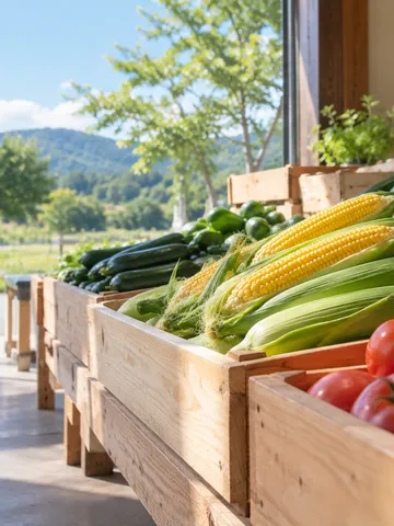 道の駅の売り場に並ぶ夏野菜の木箱