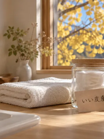 日なたの洗面台に置かれた「いい皮膚」の札と瓶