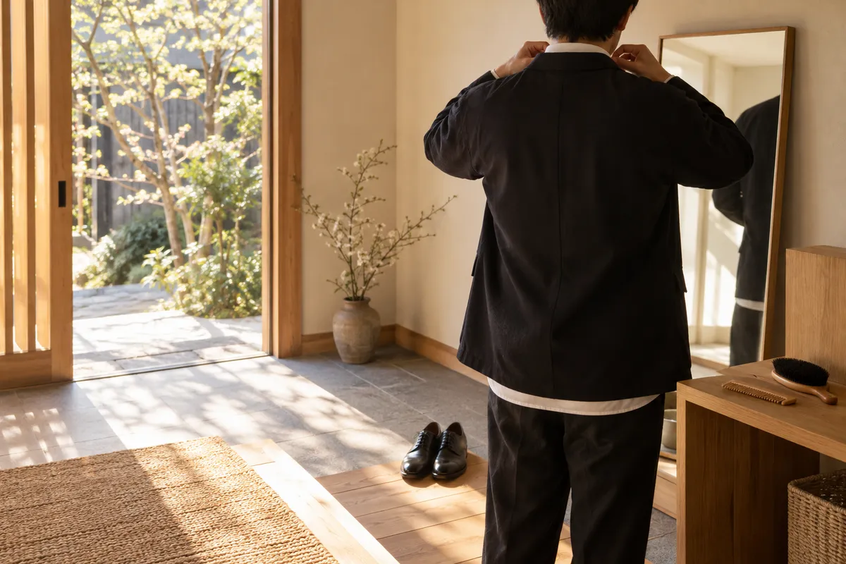 玄関の鏡の前で襟元を整える後ろ姿