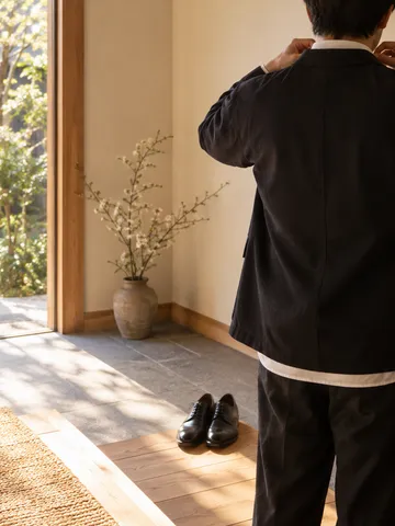 玄関の鏡の前で襟元を整える後ろ姿