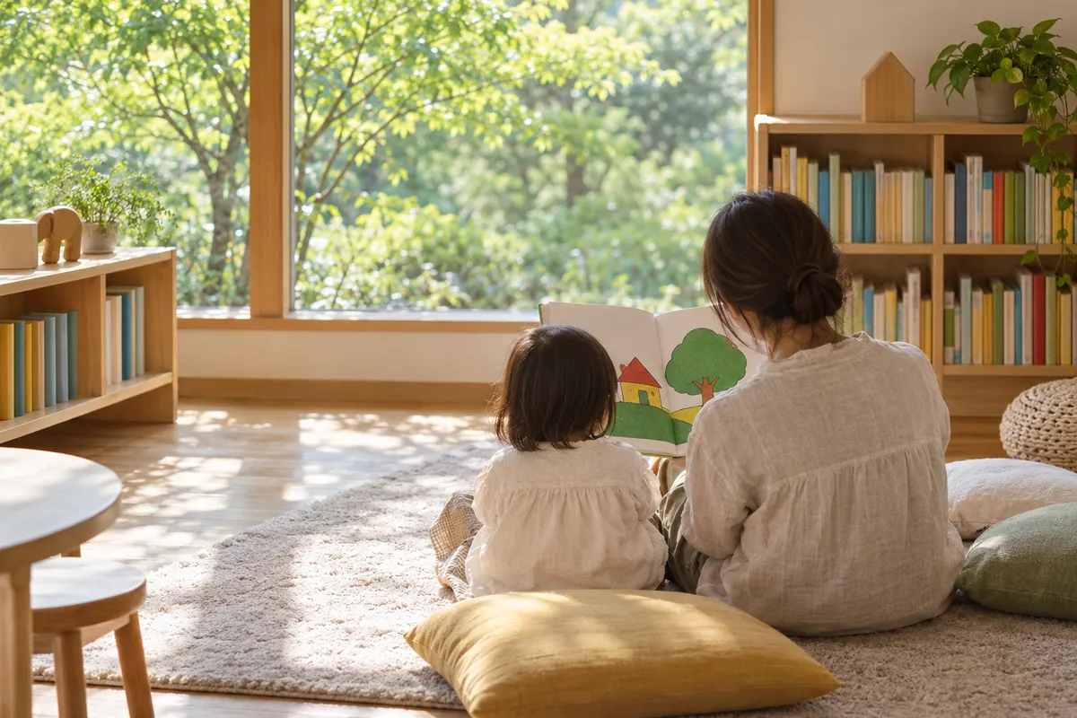図書館で親子が絵本を開いている後ろ姿