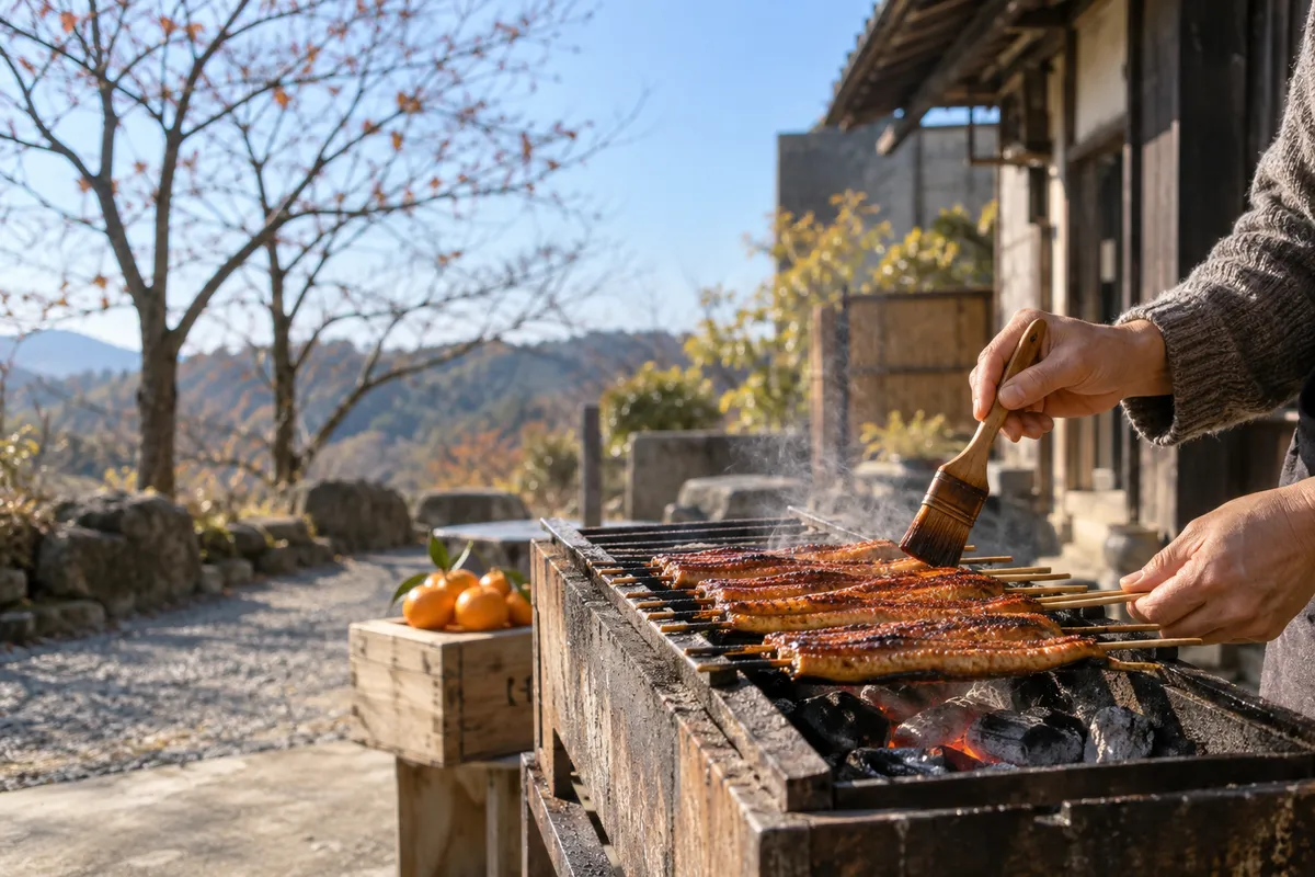 日なたの炭火で蒲焼きを焼く手元