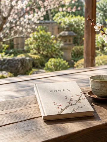 縁側に置かれた「耳のはなし」の本と梅の枝
