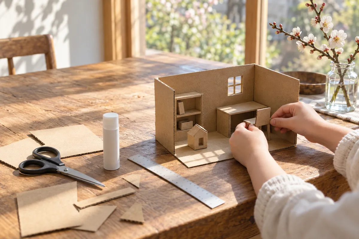 空き箱で作った小さな部屋のミニチュアと工作道具