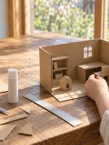 空き箱で作った小さな部屋のミニチュアと工作道具