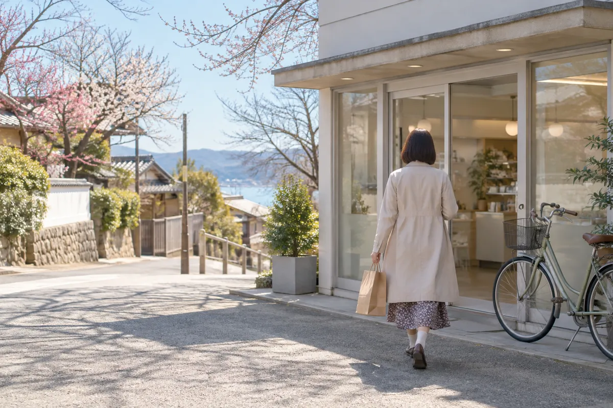 春の昼下がり、街角の店に立ち寄る後ろ姿