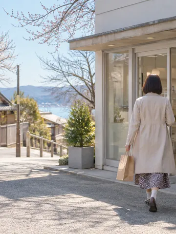 春の昼下がり、街角の店に立ち寄る後ろ姿