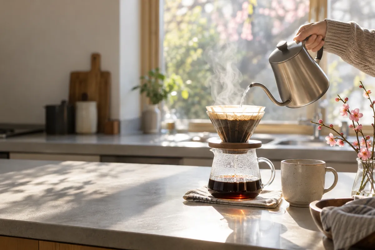 台所でコーヒーをドリップする手元と梅の枝