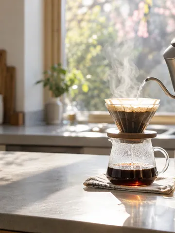 台所でコーヒーをドリップする手元と梅の枝