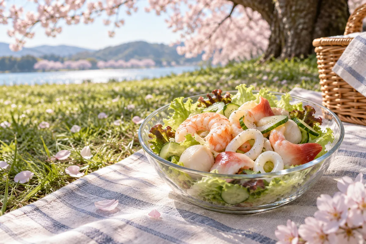 桜の木の下に置かれたシーフードサラダの器